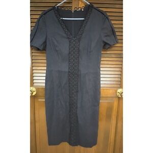 Elie Tahari Black Sheath‎ Dress US 10 Short Sleeve Loop Trim Cocktail Party